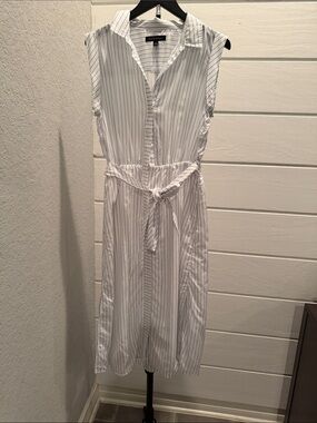 Banana Republic White Shirt Midi Dress with Navy Pinstripes